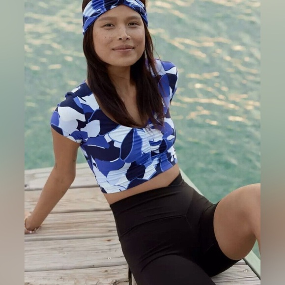 Aerie OFFLINE Real Me Ruched Blue Exercise Crop Top Swim Top Size XS - Picture 4 of 8